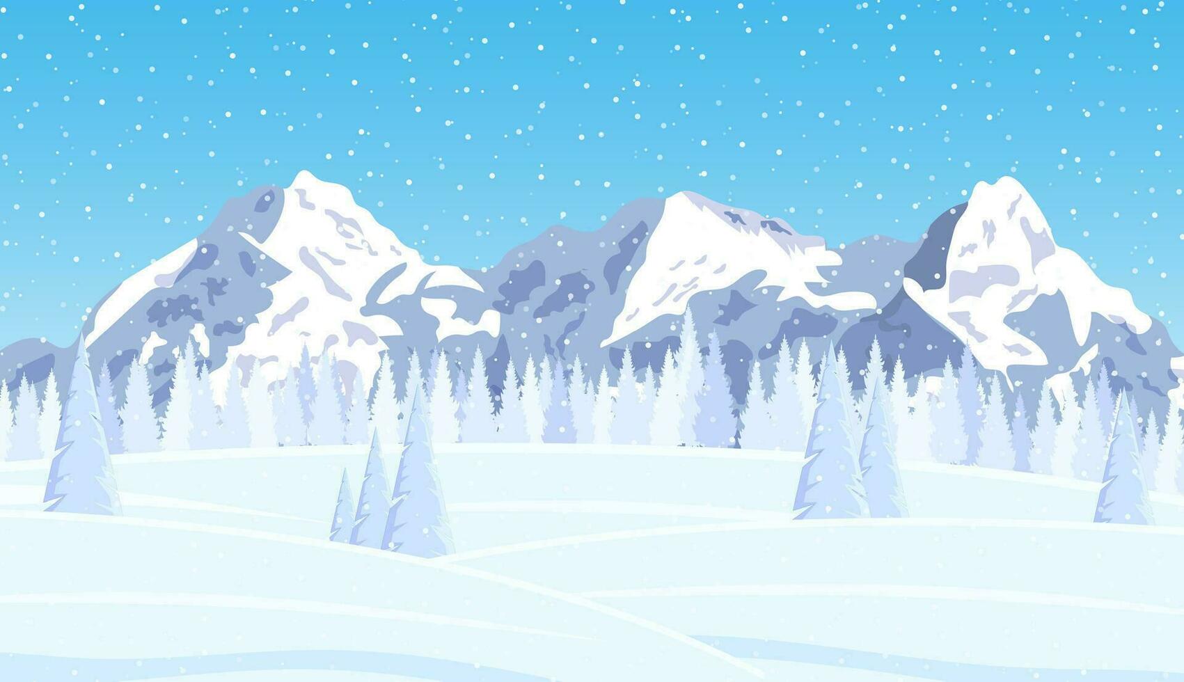 Christmas landscape background with snow and tree. Merry christmas holiday. New year and xmas celebration. Vector illustration in flat style