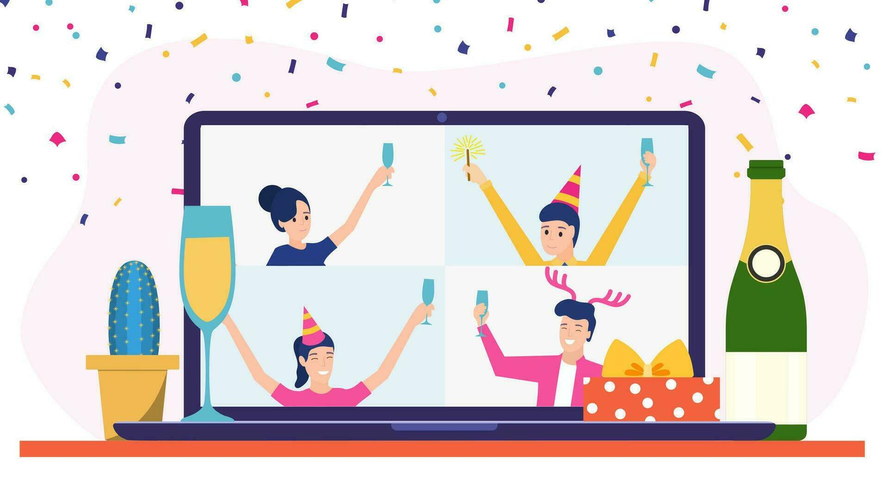 Birthday party online, Conference on a laptop. Quarantine, self-isolation during a pandemic. Online party with laptop and drink. Vector illustration in flat style.