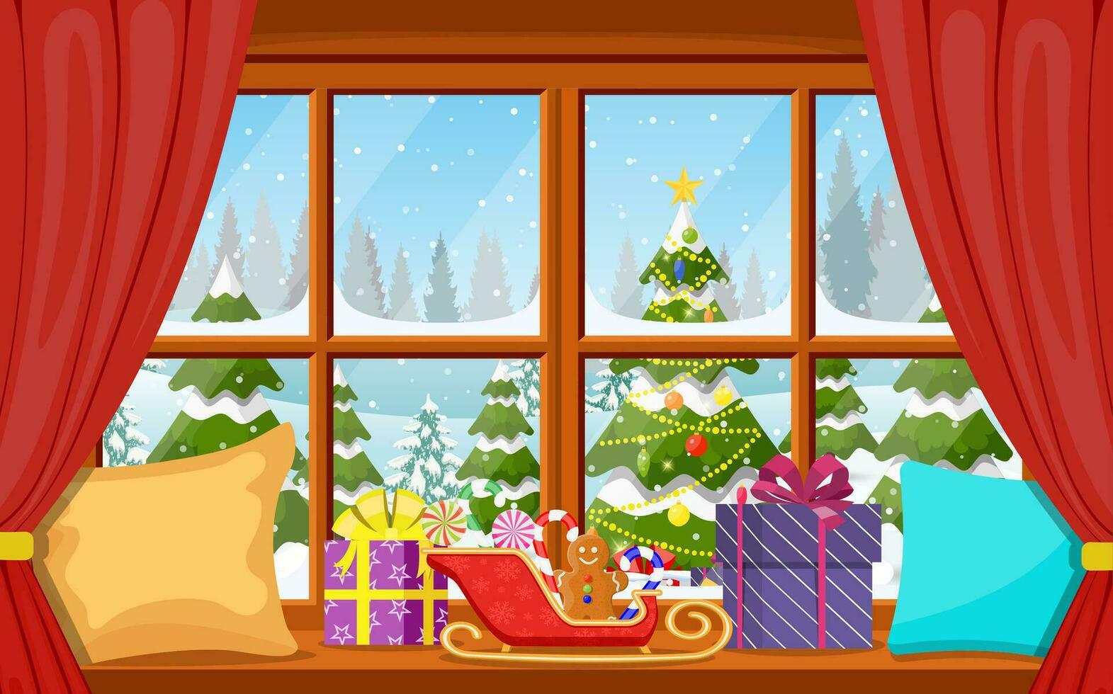 vista de la ventana de navidad con un paisaje nevado vector