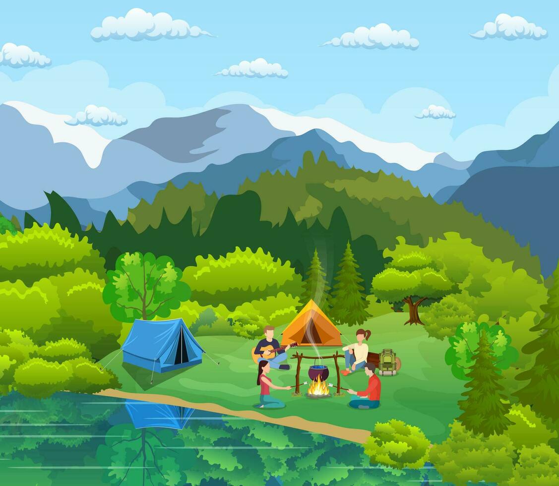 Group of young people are sitting around campfire. Young tourists, campers cartoon characters. Man playing guitar. Vector illustration in flat style