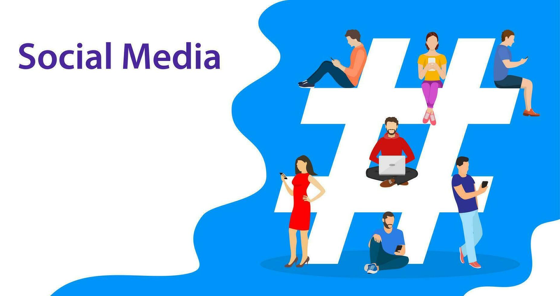 Hashtag concept. people using mobile tablet and smartphone for sending posts and sharing them in social media. Vector illustration in flat style