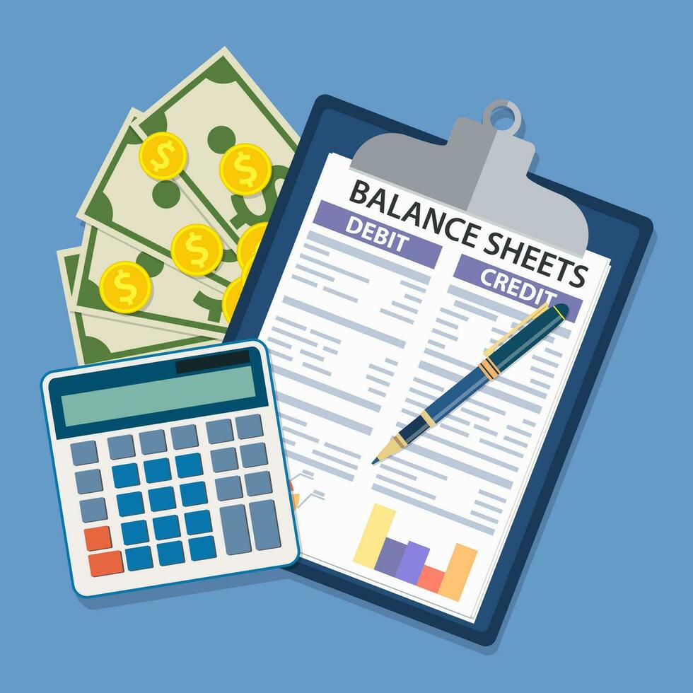 Clipboard with balance sheet and pen. Financial reports statement, calculator and documents. Accounting, bookkeeping, debit and credit calculations. Vector illustration in flat style