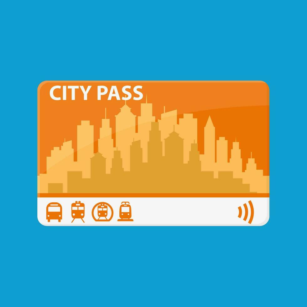 City pass. Bus, train, subway travel ticket with cashless payment system. Card with map of city with roards and houses. Vector illustration in flat style