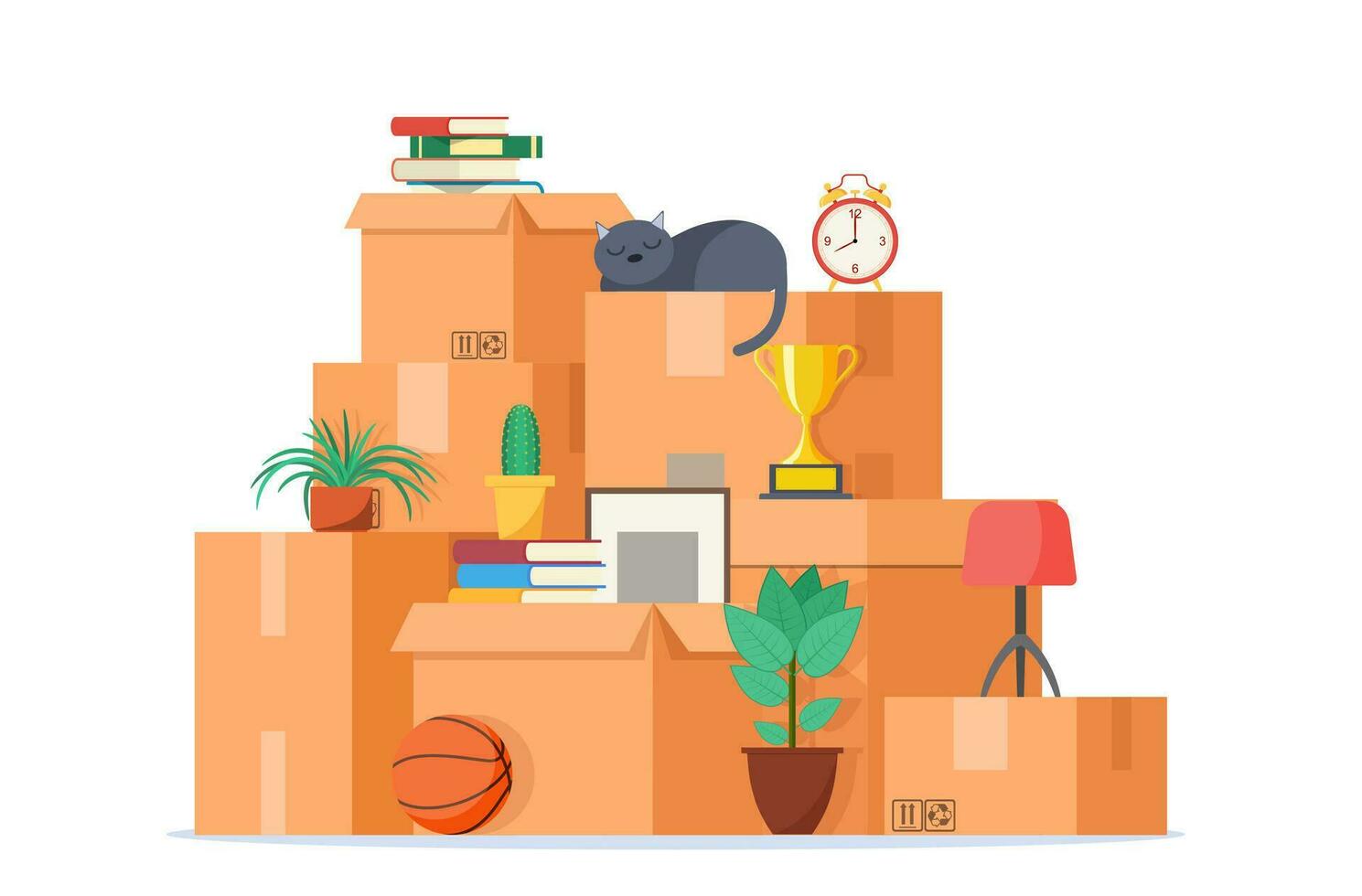 Concept moving house. Relocation to apartment. Delivery service. Moving with boxes to new home. Pile of stacked cardboard boxes. Vector illustration in flat style