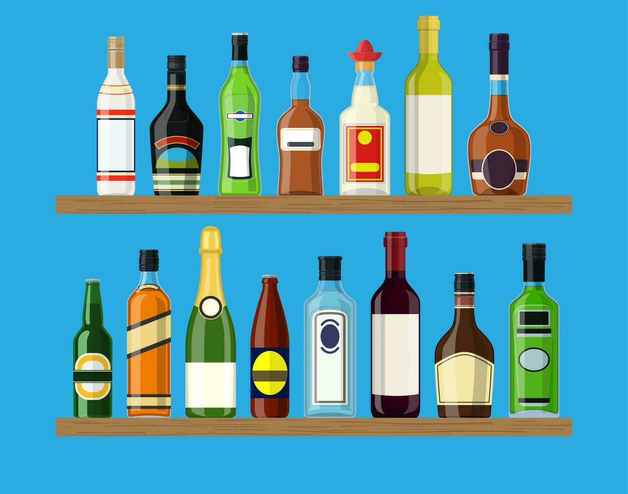 Alcohol drinks collection. Vodka champagne wine whiskey beer brandy tequila cognac liquor vermouth gin rum absinthe bourbon. Vector illustration in flat style