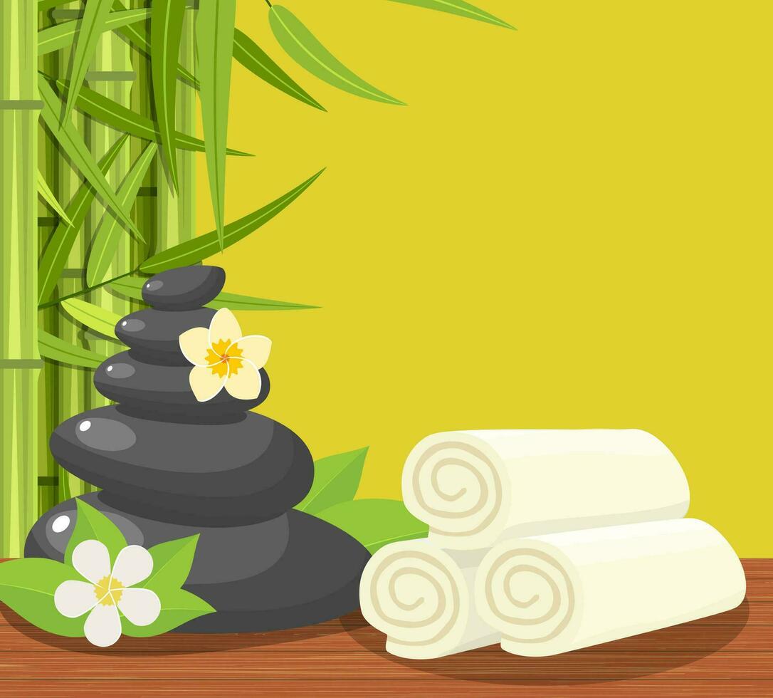 Spa concept poster with towels, stones and candle and green bamboo stems. SPA beauty and health concept. Vector illustration in flat style