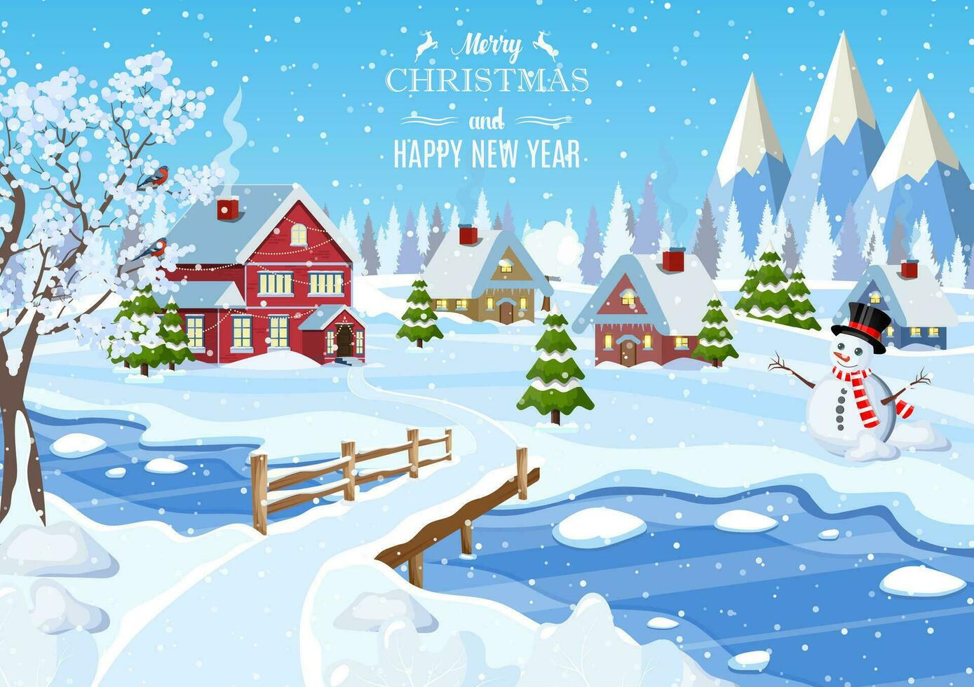 suburbano casa cubierto nieve. edificio en fiesta ornamento. contento nuevo año decoración. alegre Navidad día festivo. nuevo año Navidad celebracion. vector ilustración