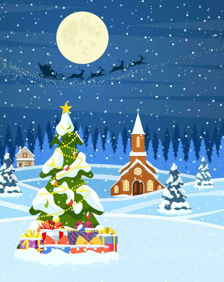 Navidad paisaje antecedentes con nieve y árbol. alegre Navidad día festivo. nuevo año y Navidad celebracion. vector ilustración en plano estilo