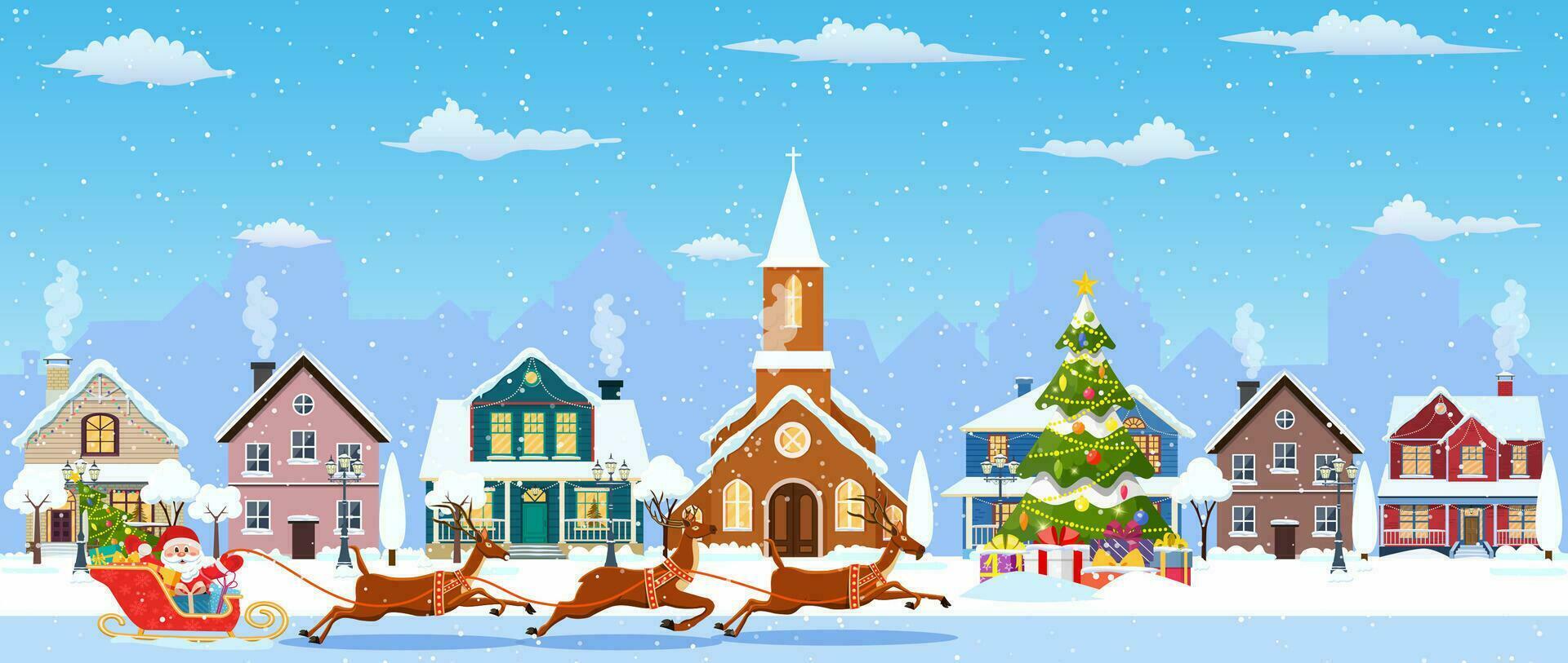 happy new year and merry Christmas winter old town street. christmas town city seamless border panorama. Santa Claus with deers. Vector illustration in flat style.