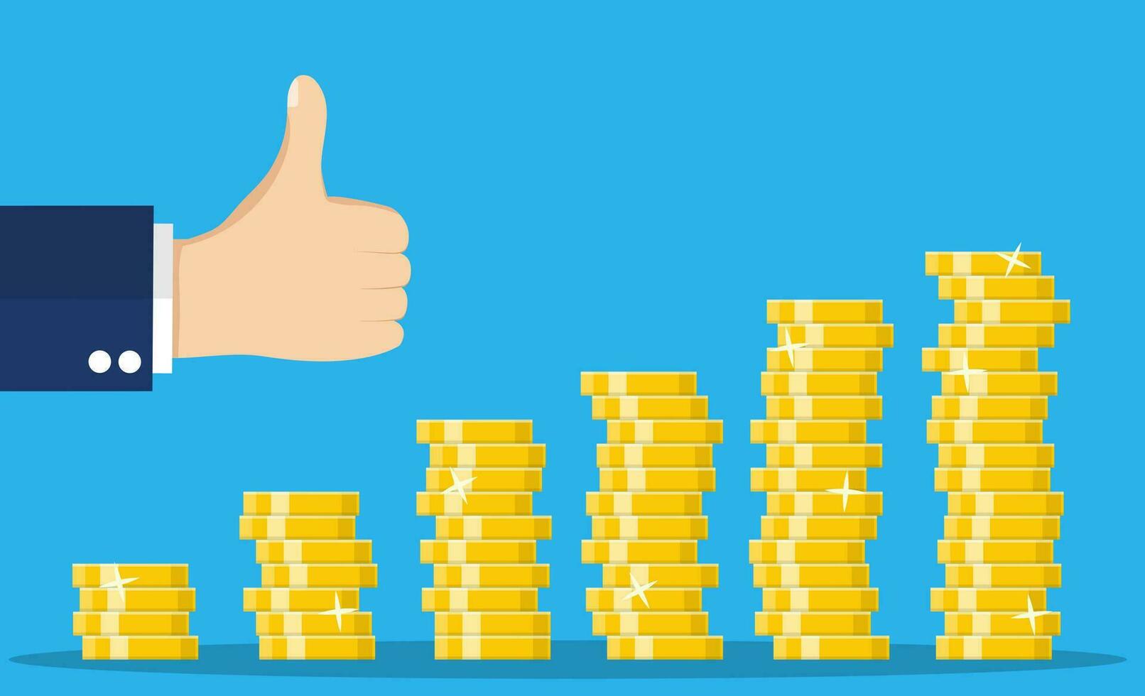 Stack of gold coins and hand with thumb up gesture. Golden coin with dollar sign. Growth, income, savings, investment. Symbol of wealth. Business success. vector illustration in flat style