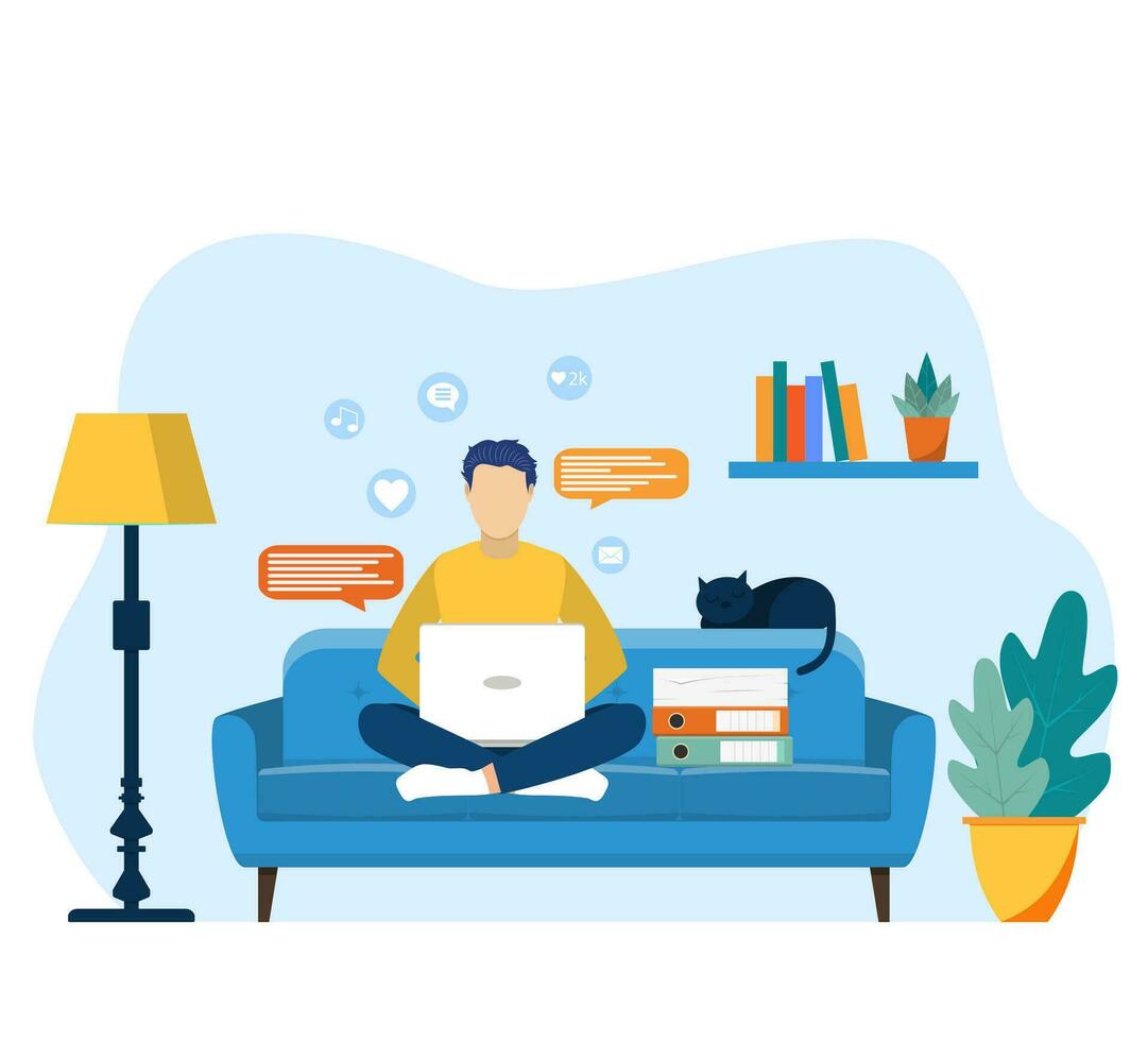 man with laptop sitting on the chair. Home office. Working at home. Lot of work. Freelance or studying concept. Stay at home. Vector illustration in flat style