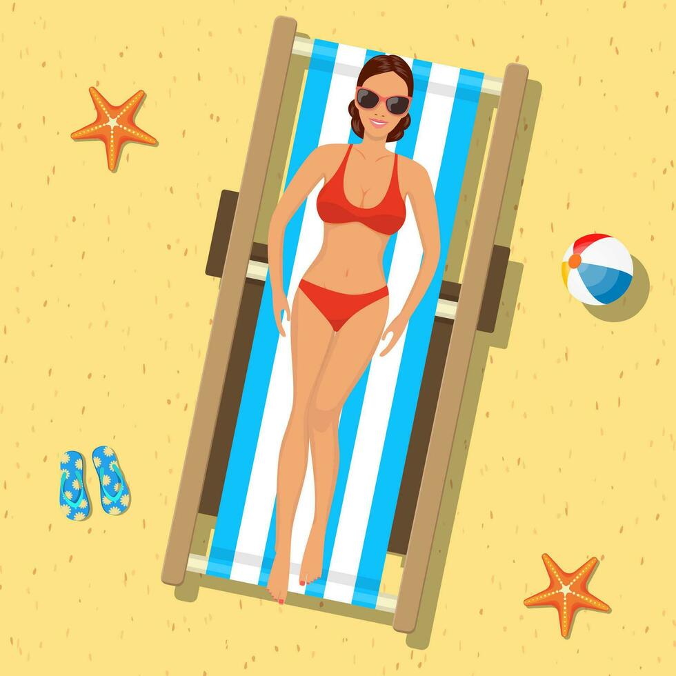 niña broncearse en un silla de cubierta. playa vacaciones. parte superior vista. vector ilustración en plano estilo