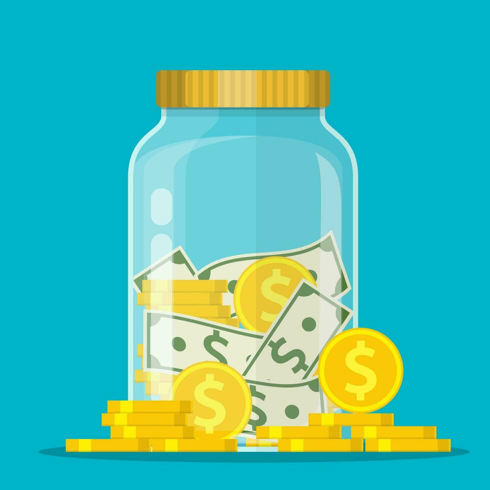 Money Jar. Saving dollar coin in jar.Save your money concept. Vector illustration in flat style