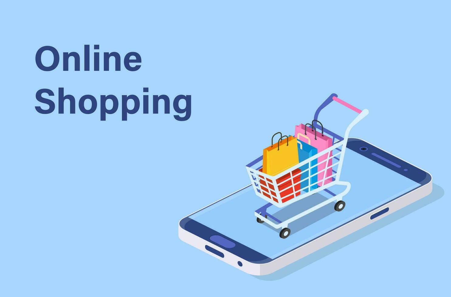 Isometric Smart phone online shopping concept. Online store, shopping cart icon. Ecommerce. Vector illustration in flat style