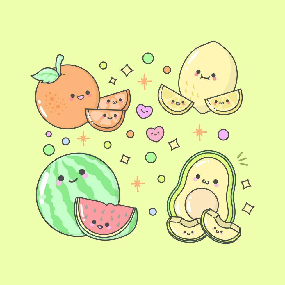 Vector Fruit Orange Lemon Watermelon Avocado with cute facial expressions and pastel colour