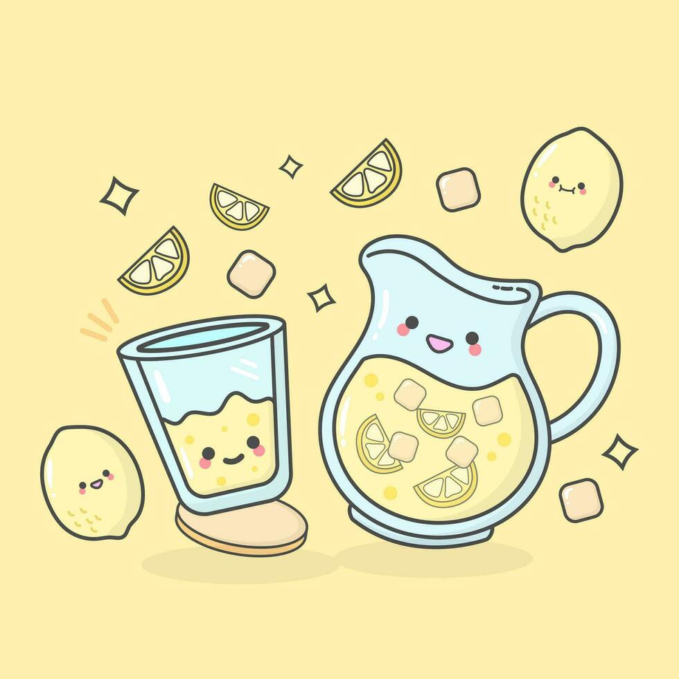 Vector Lemon Lemonade Tea Fruit with cute facial expressions and pastel colour