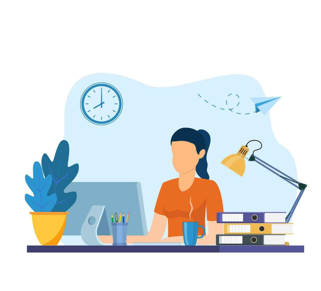 woman working on internet using laptop and drinking coffee. work at home. education or working concept. Table with books, lamp, coffee cup. Vector illustration in flat style