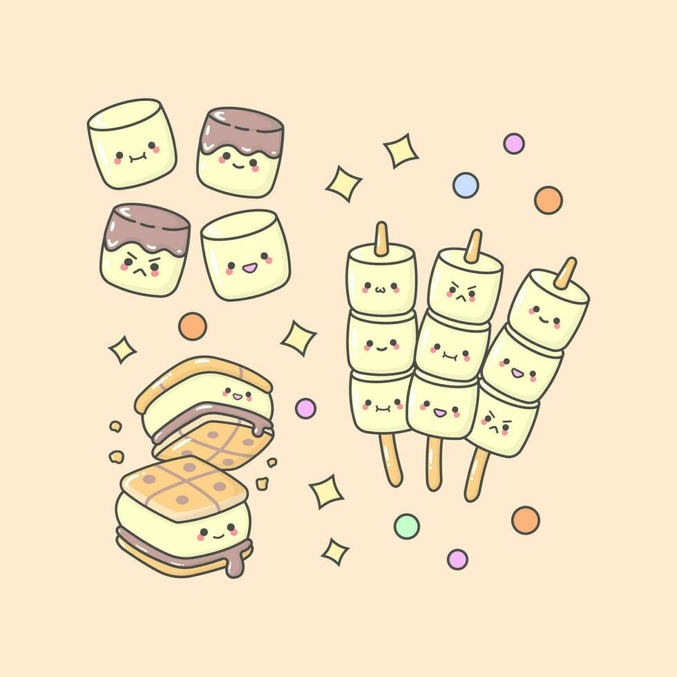 Vector marshmallow biscuit chocolate with cute facial expressions and pastel colour