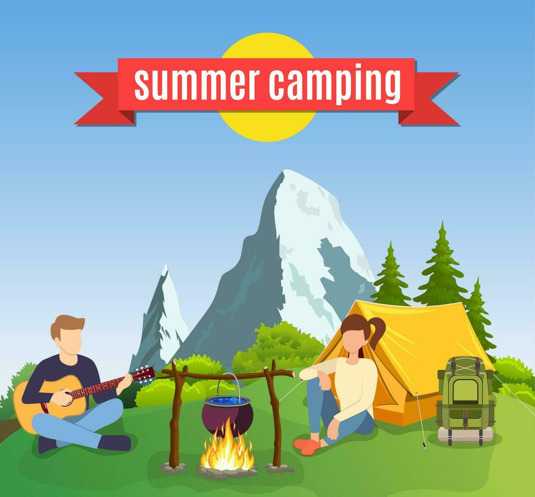 Group of young people are sitting around campfire. Young tourists, campers cartoon characters. Man playing guitar. Vector illustration in flat style