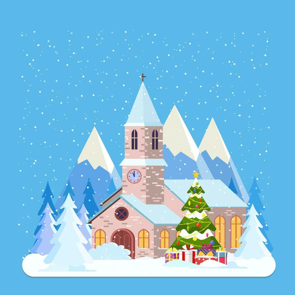 Decorated building for new year eve, church with lights and with fir tree prepared for christmas celebration. New year and xmas celebration. Vector illustration flat style