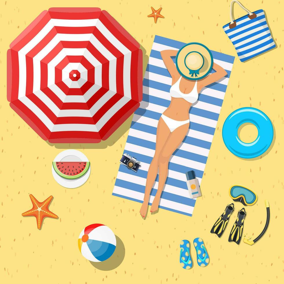 niña en el playa con un bikini. verano tiempo. hermosa mujer vistiendo acostado en el playa en un blanco y azul a rayas toalla. vector ilustración en plano estilo