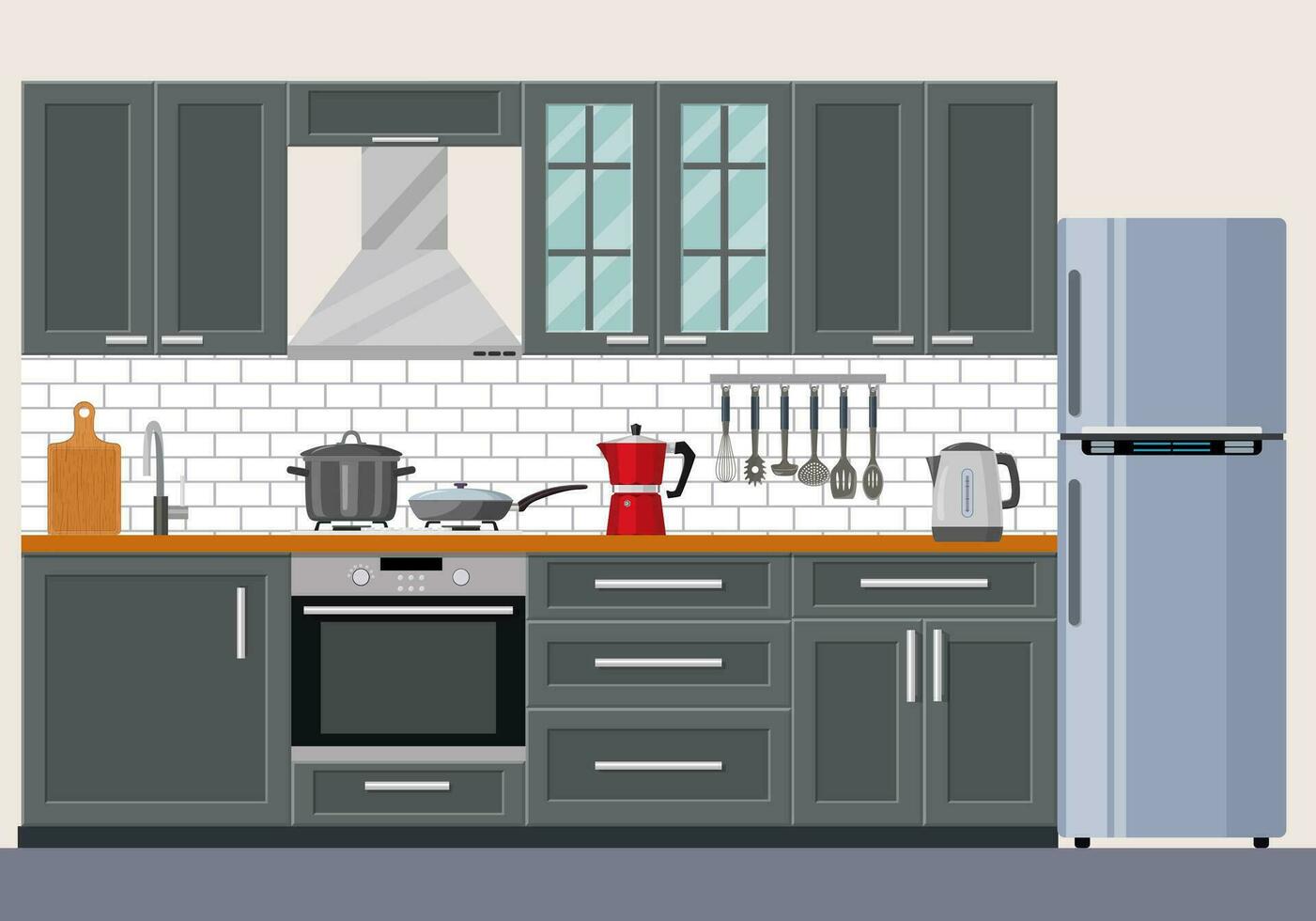 Modern kitchen interior with furniture and cooking devices. graphic design template. Working surface for cooking. vector illustration in flat design