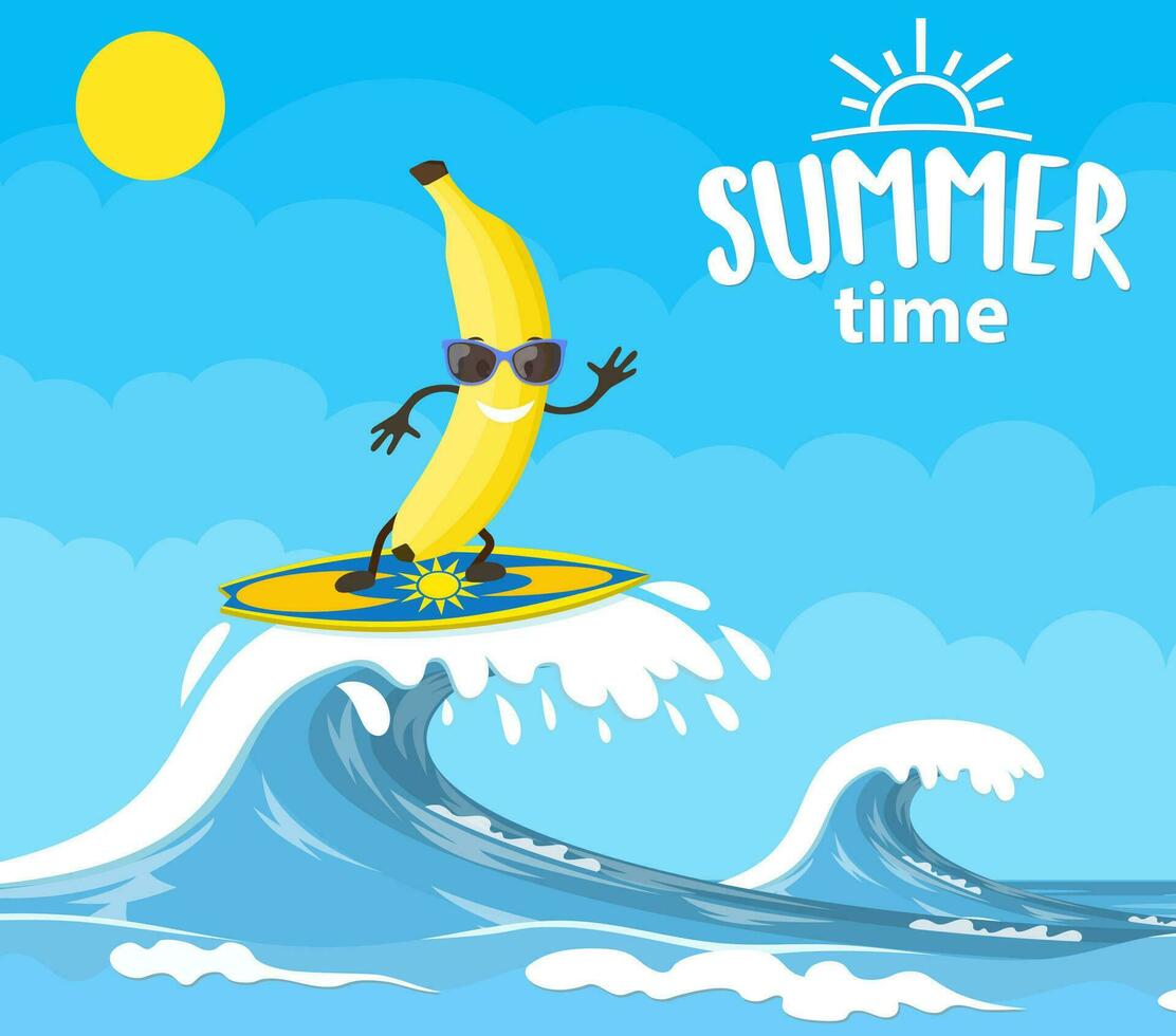 banana characters surfing on wave. Holidays on the sea. Beach activities. Summer time. Vector illustration in flat style