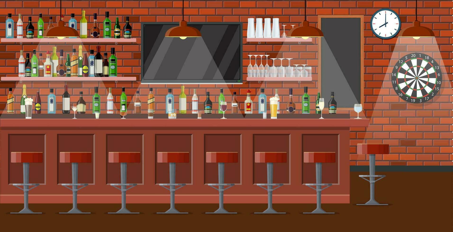 Drinking establishment. Interior of pub, cafe or bar. Bar counter, chairs and shelves with alcohol bottles. Glasses, tv, dart and lamp. Wooden decor. Vector illustration in flat style