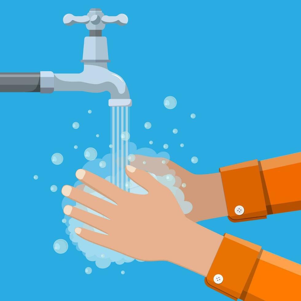 Hands under falling water out of tap. vector