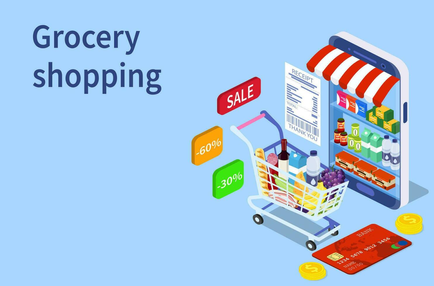 Online Grocery shopping concept. Isometric Shopping cart with fresh food and drink.Order food, grocery online from app by smart phone. Vector illustration in flat style