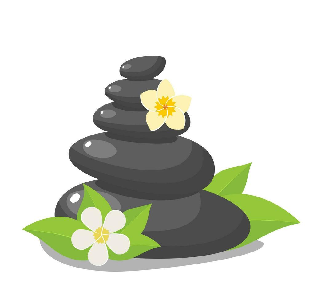 Stack black hot stones with leaves, spa salon accessory. Stack basalt stones for hot stone massage in spa salon. Vector illustration in flat style