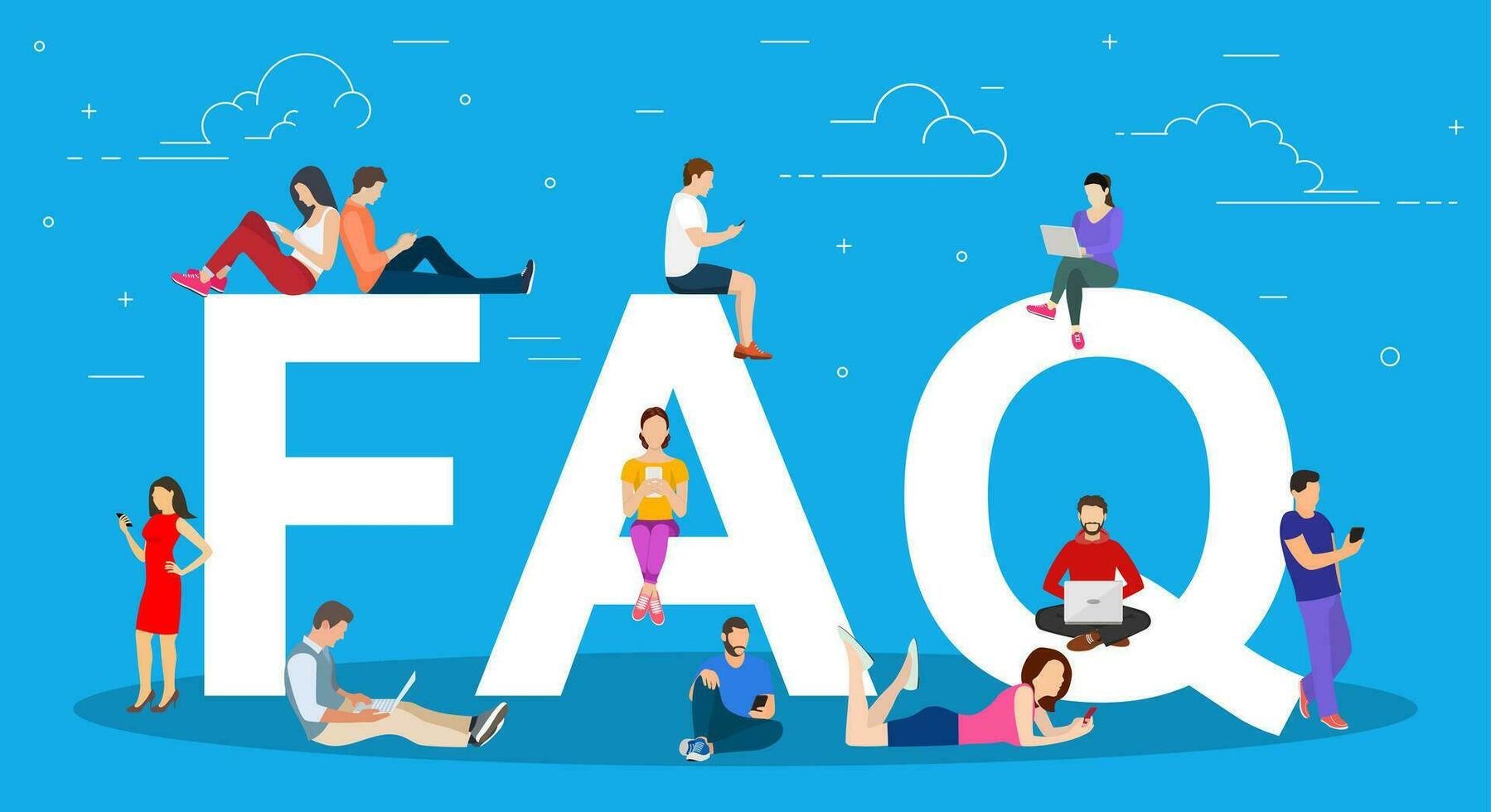 Frequently asked questions concept. people standing near letters and using smart phone, laptop and digital tablet. Vector illustration in flat style