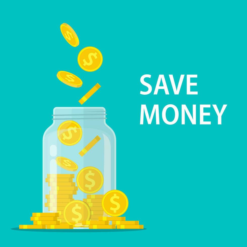 Money Jar. Saving dollar coin in jar.Save your money concept. Vector illustration in flat style