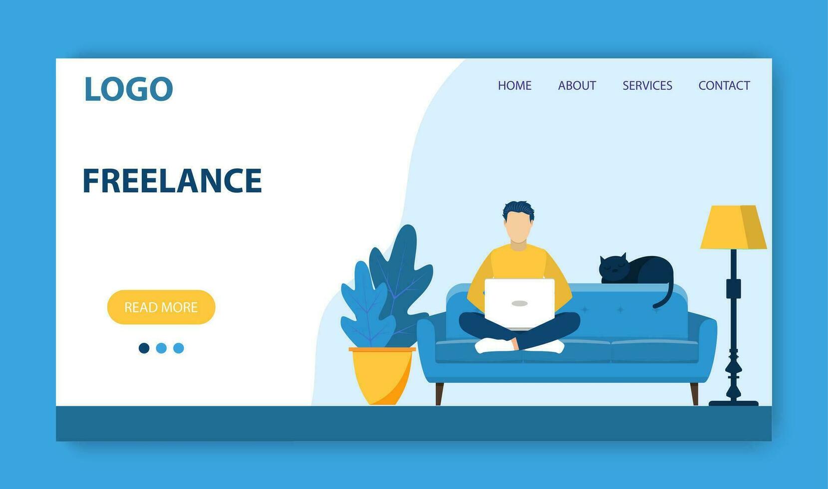 Freelance work landing page template. Concept design for poster, banner, flyer, web page. man with laptop sitting on the chair with crossed legs. Vector illustration in flat style