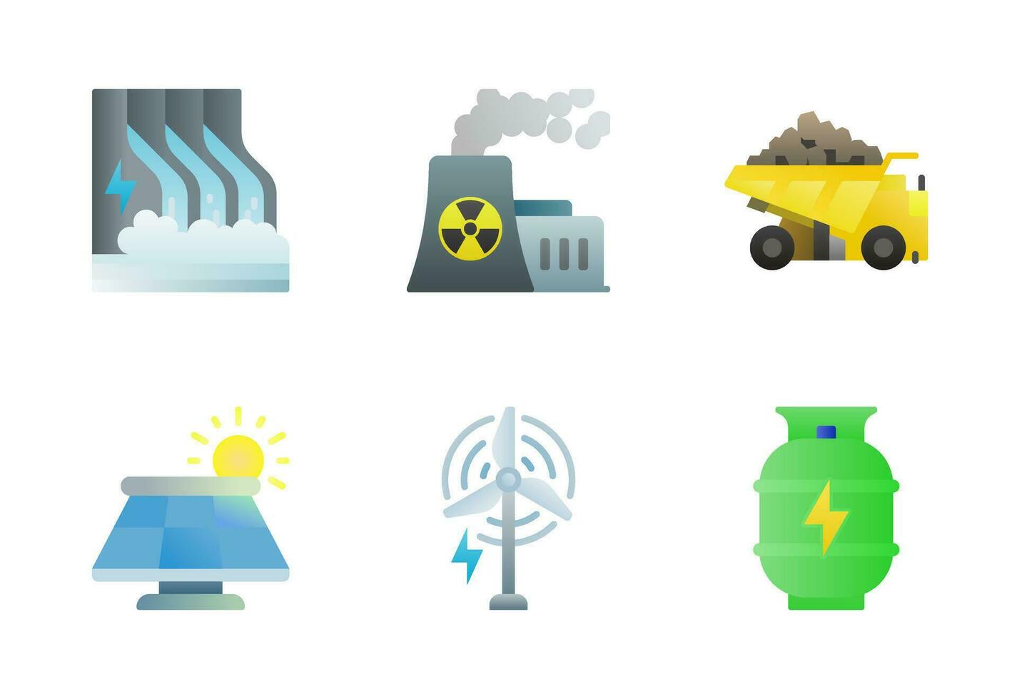 poder plantas icono conjunto vector en lleno color degradado estilo, eso contiene energía hidroeléctrica, nuclear reactor, solar panel, viento fuerza, natural gas, y carbón mío.