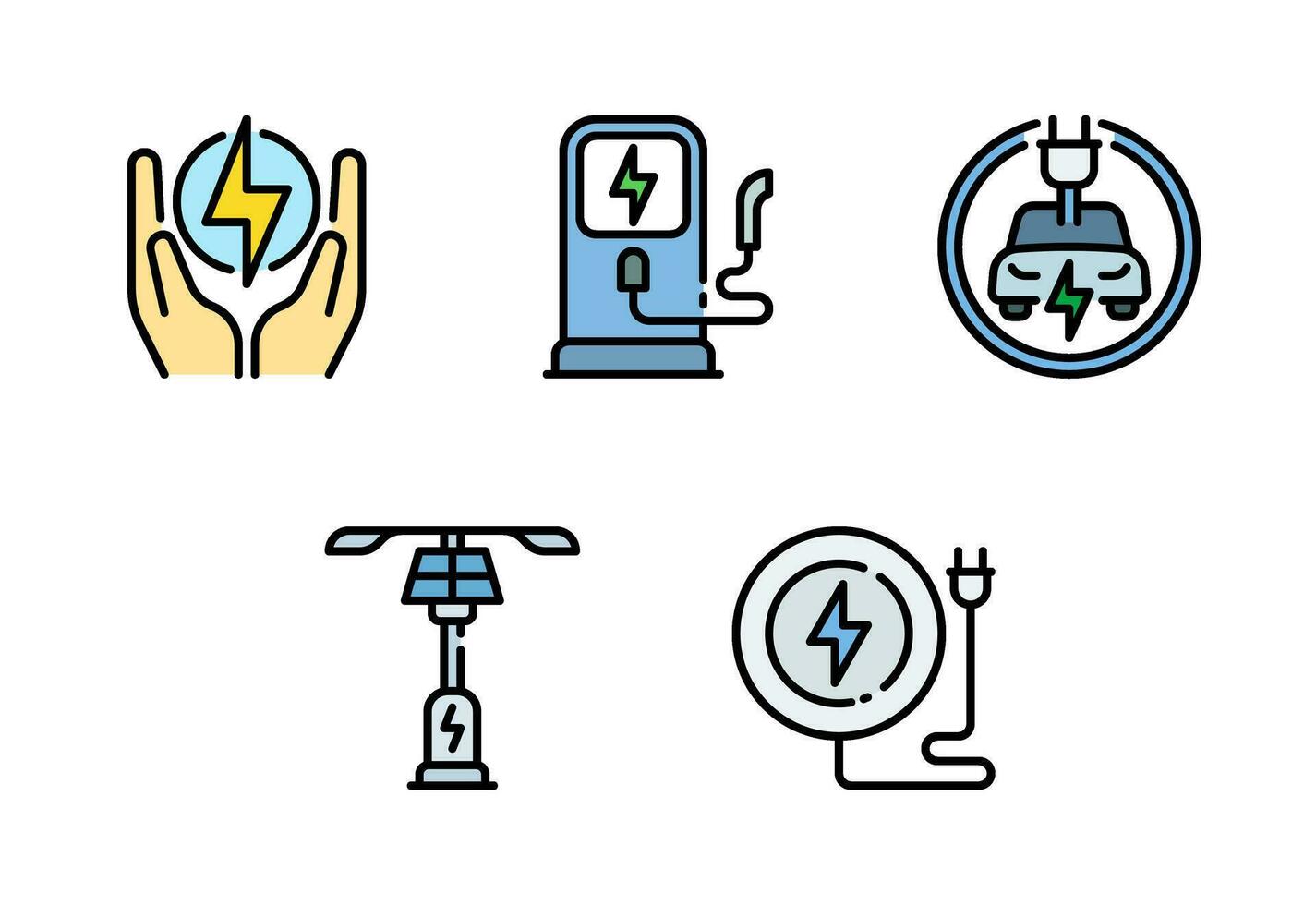 Electrical technology icon set vector in colored outline style, it contains solar energy, wireless charging, electric car, power station, and save energy.