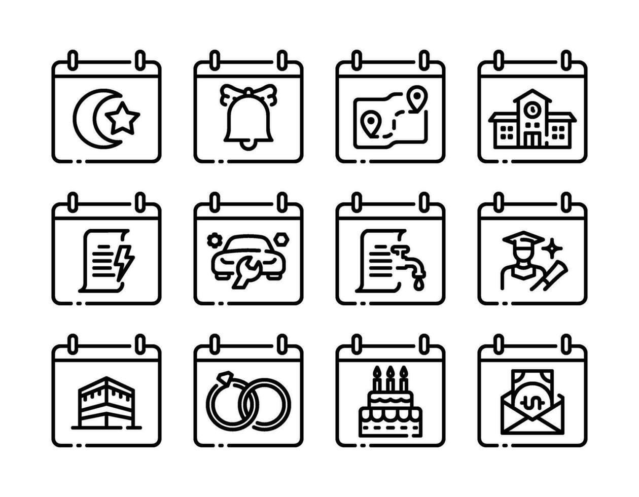 Vector illustration of a calendar of events and important days, line style, simple, including the Hijri year, birthdays, wedding dates and others.