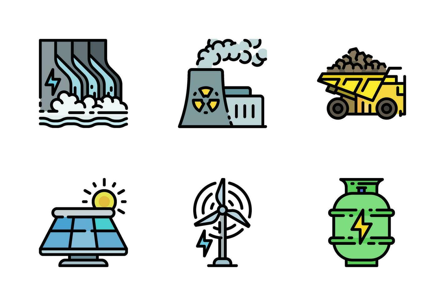 Power Plants icon set vector in colored outline style, it contains hydropower, nuclear reactor, solar panel, wind power, natural gass, and coal mine.