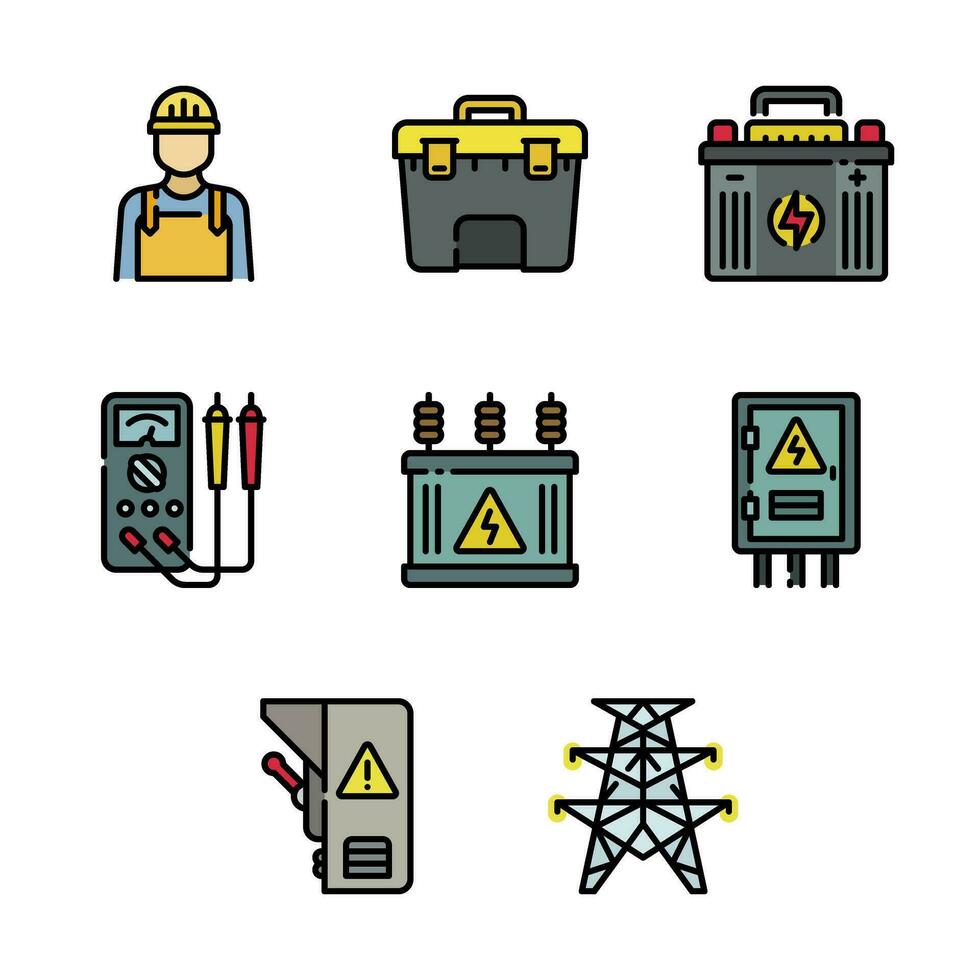 Vector icon set electrical enginering in colored outline style, it contains electrician, battery, electricity tower, power station, and electric tool.