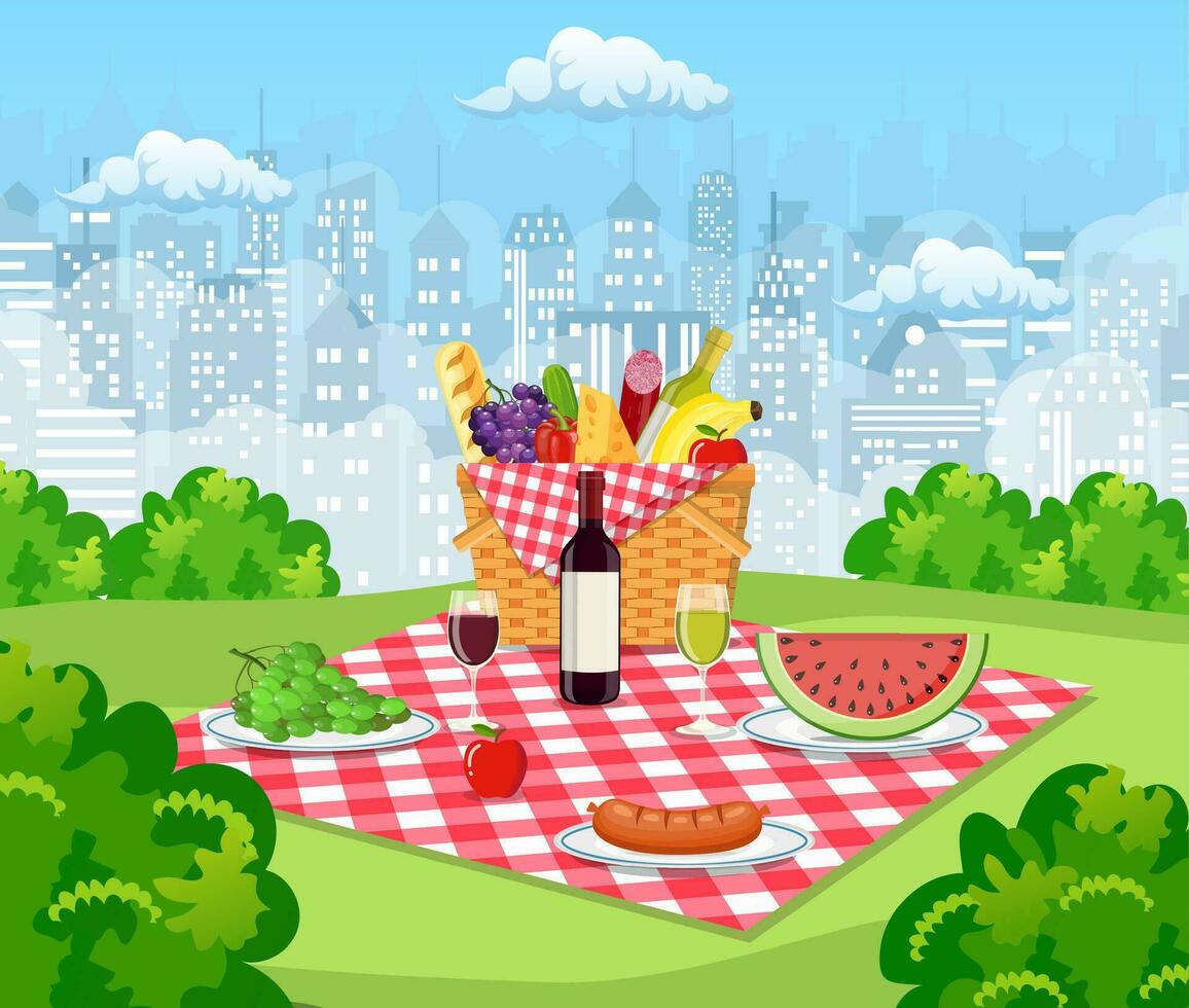 verano picnic concepto con cesta lleno de productos vector ilustración en plano estilo