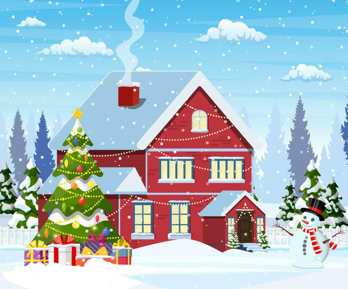 Suburban house covered snow. vector