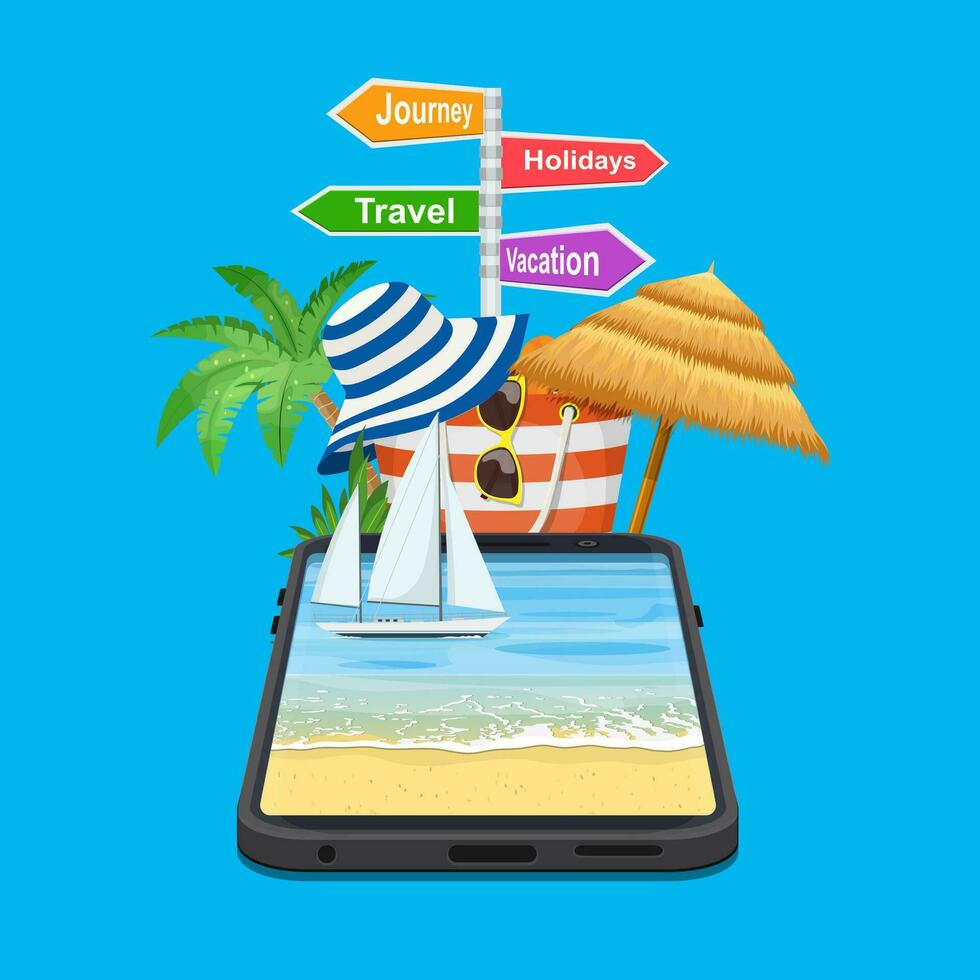Online Holiday Travel Mobile App Concept. Suitable For Wallpaper, Banner, Background, signpost vacation, travel, journey, holidays. Vector illustration in flat style