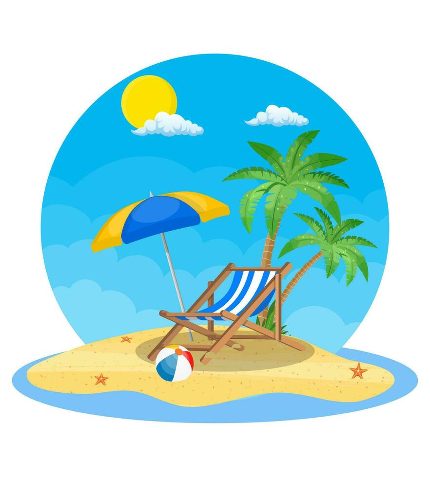 Umbrella and sun lounger on the beach and a palm tree. Beach chair, ball and starfish with sea on tropical background. Vector illustration in flat style