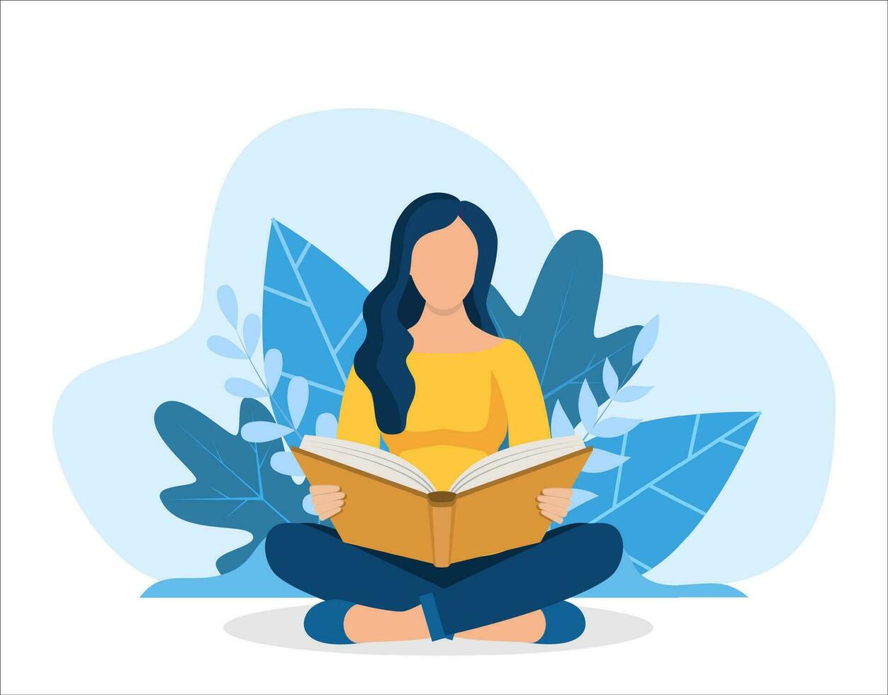 Young woman reading book sitting in nature. Education, reading, studying. Vector illustration in flat style. Vector illustration in flat style