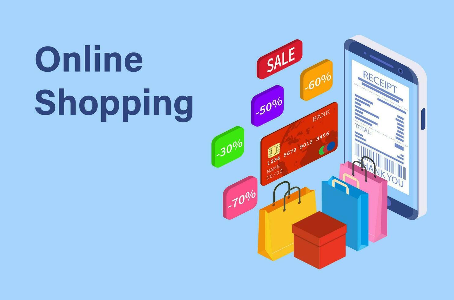 Isometric Smart phone online shopping concept. Online store, shopping cart icon. Ecommerce. Vector illustration in flat style