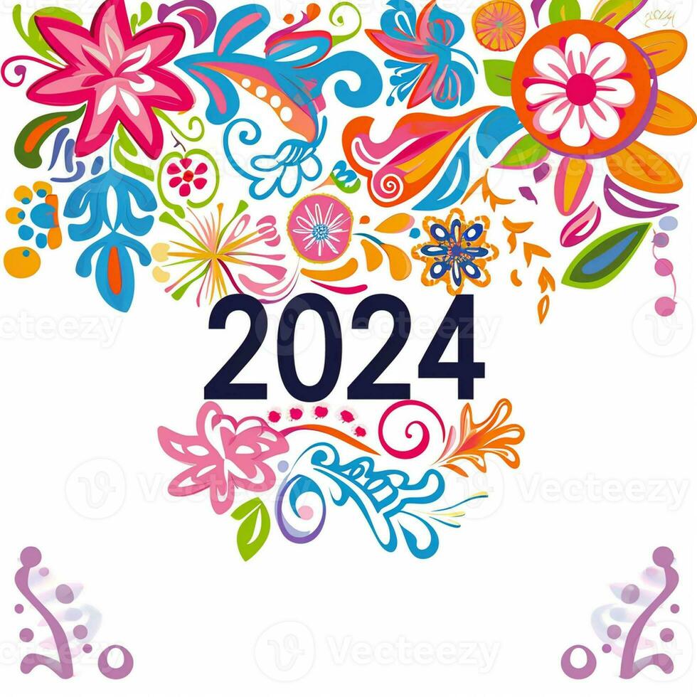 Happy new year 2024 with floral elements. Hand drawn illustration. photo