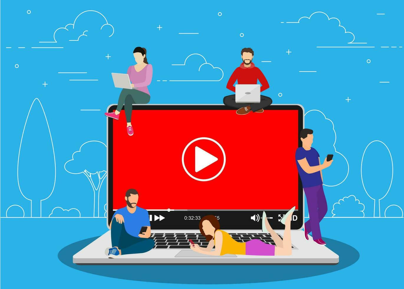 Video concept. people using mobile gadgets, tablet pc and smartphone for live watching a video via internet. Vector illustration in flat style