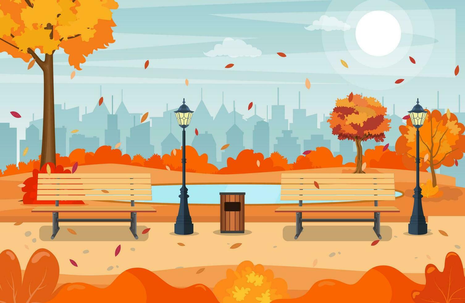 beautiful autumn city park with bench and town building background. Beautiful urban fall park for banner, poster, web. Vector illustration in flat style.
