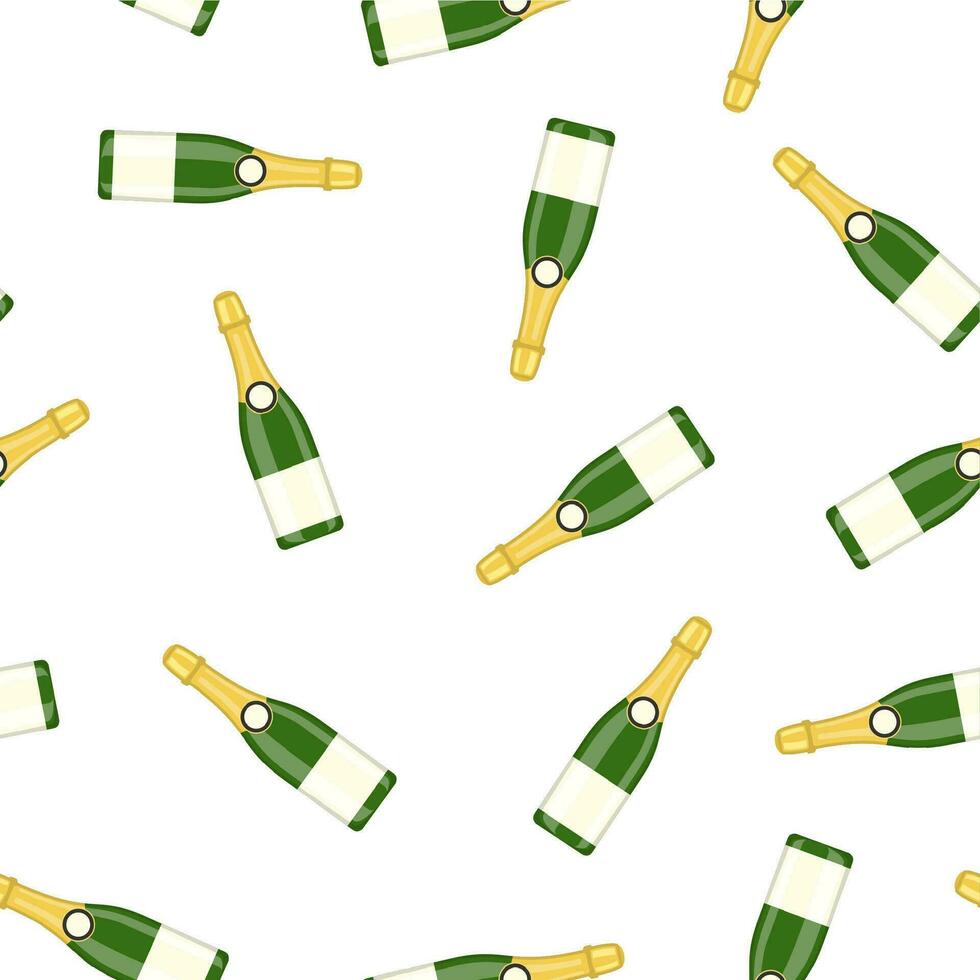 Bottle alcohol champagne. Happy new year decoration. Merry christmas holiday. New year and xmas celebration. Seamless Repeat Pattern Background. Vector illustration flat style .