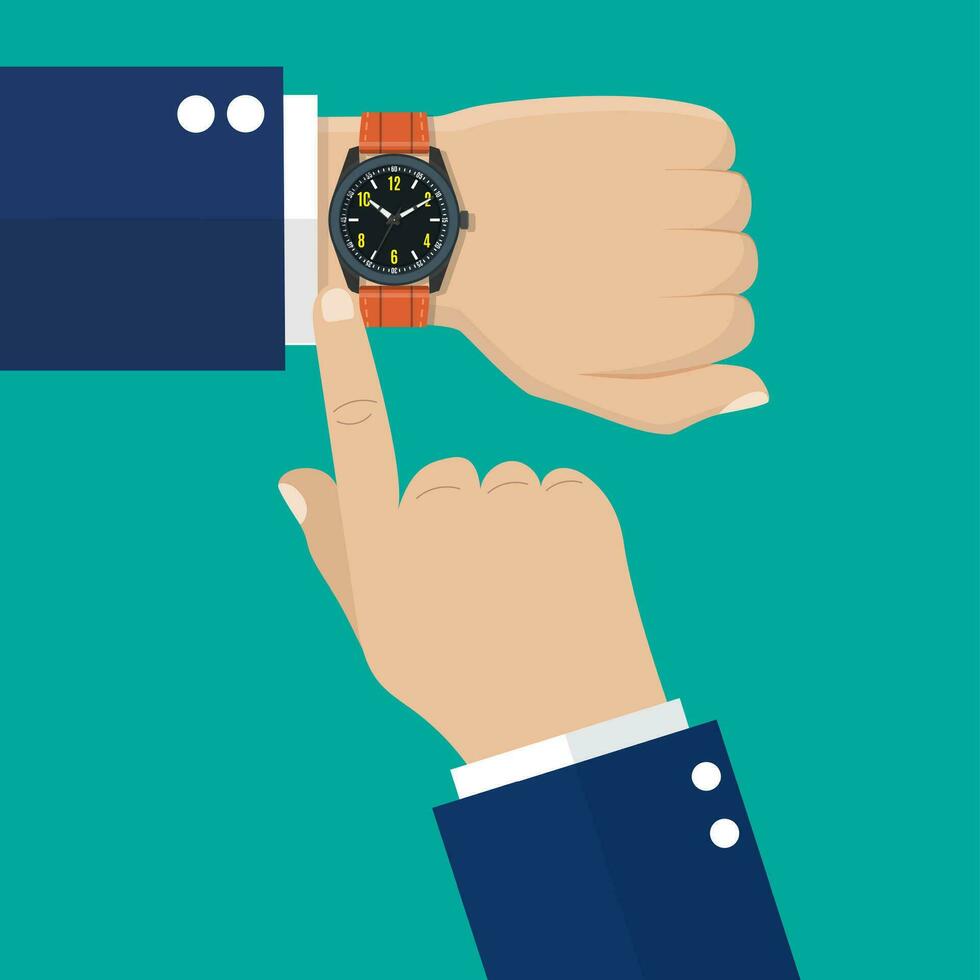 Wristwatch on the hand of businessman in suit. vector